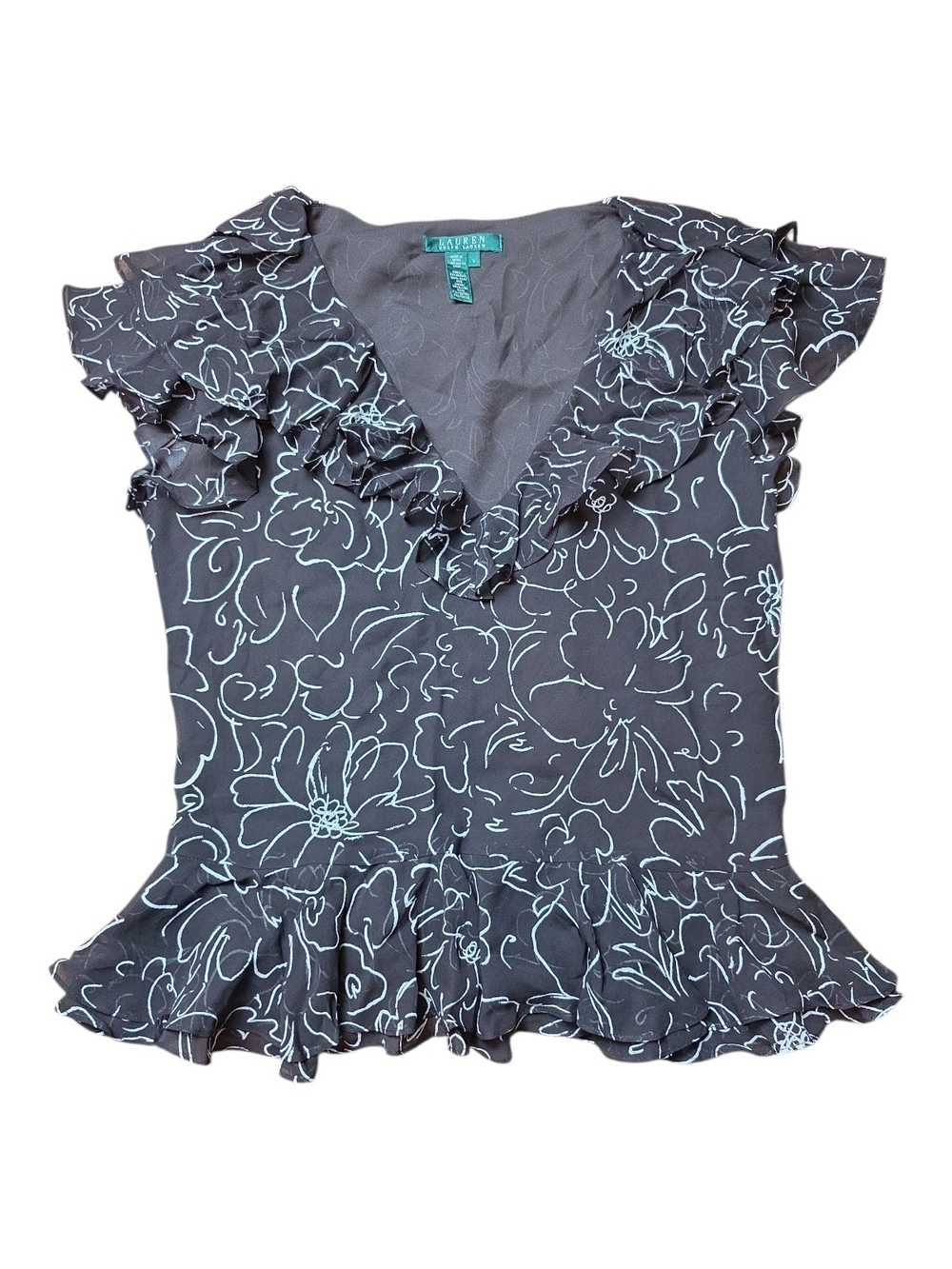 LAUREN RALPH LAUREN | NWT 100% Silk Ruffle Floral Peplum Blouse Brown Cream | L - Picture 2 of 8